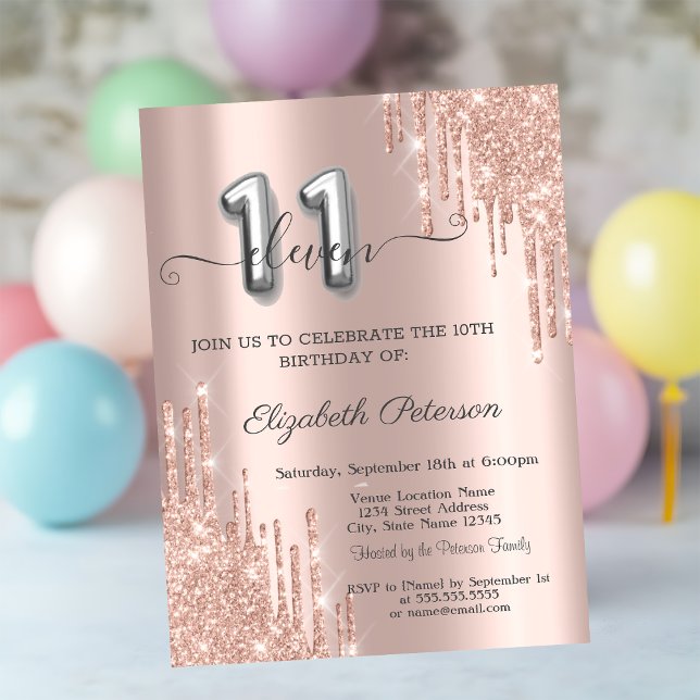 Elegant Glitter Drips Rose Gold 11th Birthday  Invitation (Creator Uploaded)