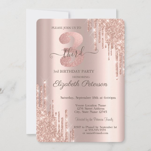 Elegant Glitter Drips Rose Gold 3rd Birthday  Invitation (Front)