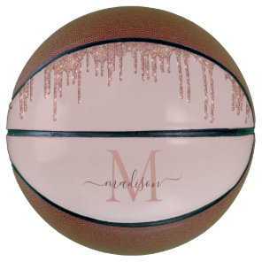 Elegant Glitter Drips Rose Gold Monogram Script Basketball