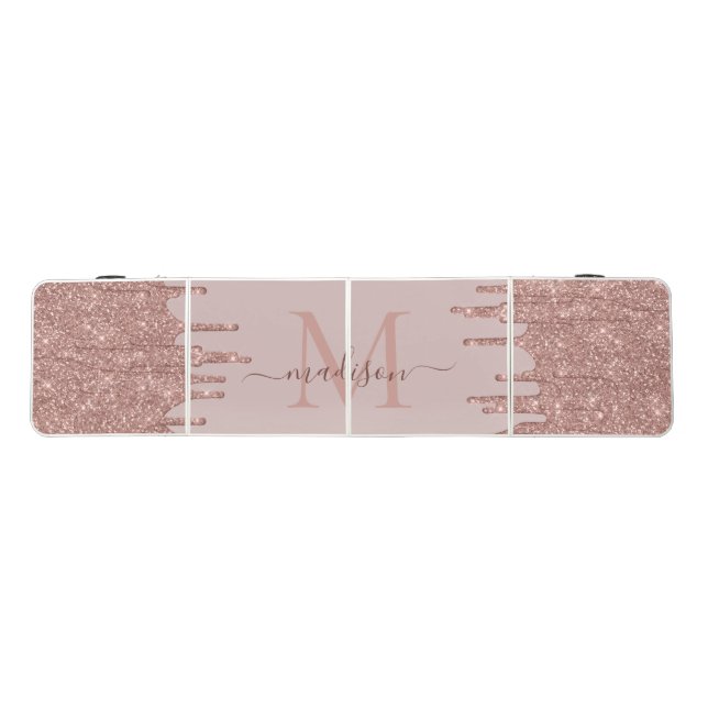 Elegant Glitter Drips Rose Gold Monogram Script Beer Pong Table (Top)