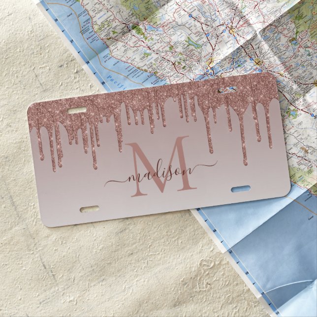 Elegant Glitter Drips Rose Gold Monogram Script License Plate (In Situ)