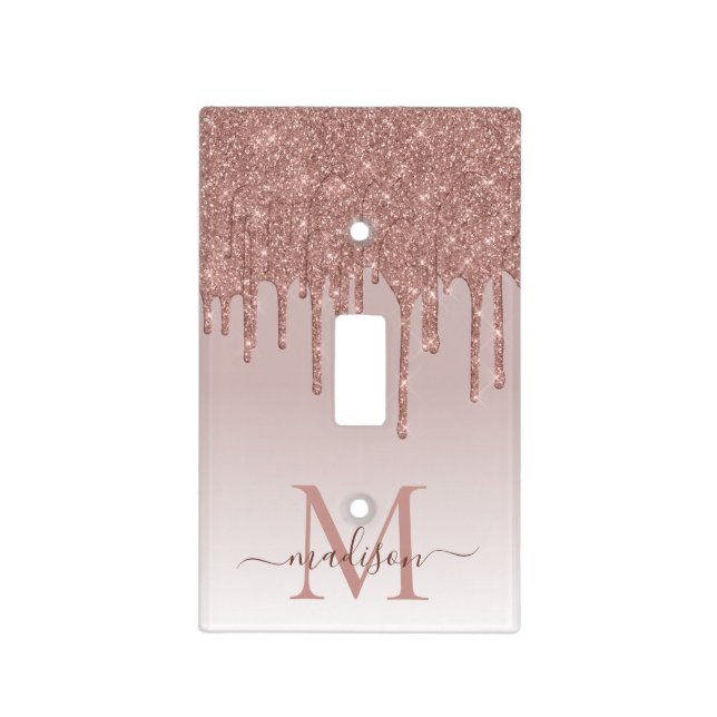 Elegant Glitter Drips Rose Gold Monogram Script Light Switch Cover (Front)