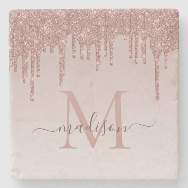 Elegant Glitter Drips Rose Gold Monogram Script Stone Coaster (Front)