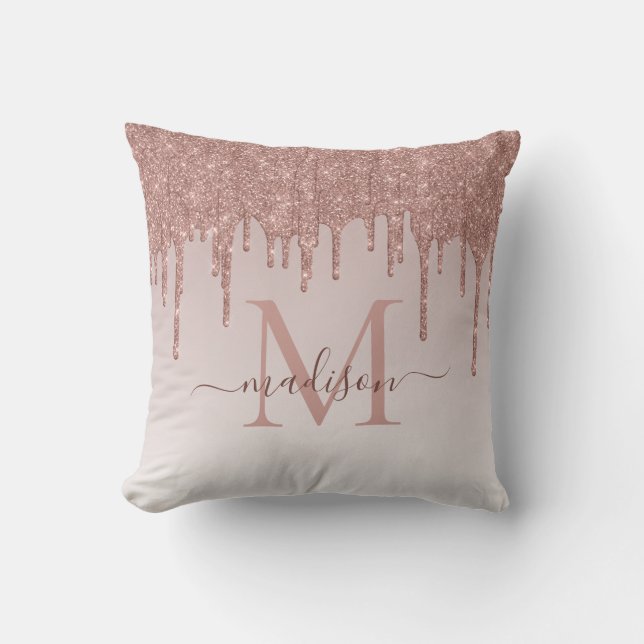 Elegant Glitter Drips Rose Gold Monogram Script Throw Pillow (Front)