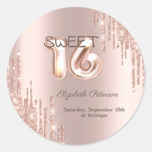Elegant Glitter Drips Rose Gold  Sweet 16 Classic Round Sticker