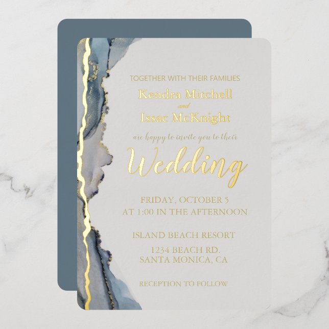 Elegant Glitter Dusty Blue Gold  Foil Invitation (Front/Back)
