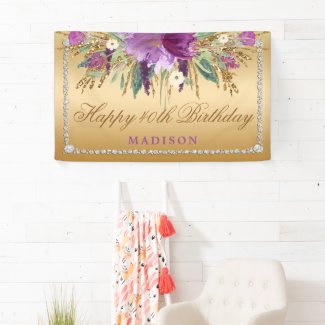 Elegant Glitter Flowers Diamonds Gold Birthday Banner