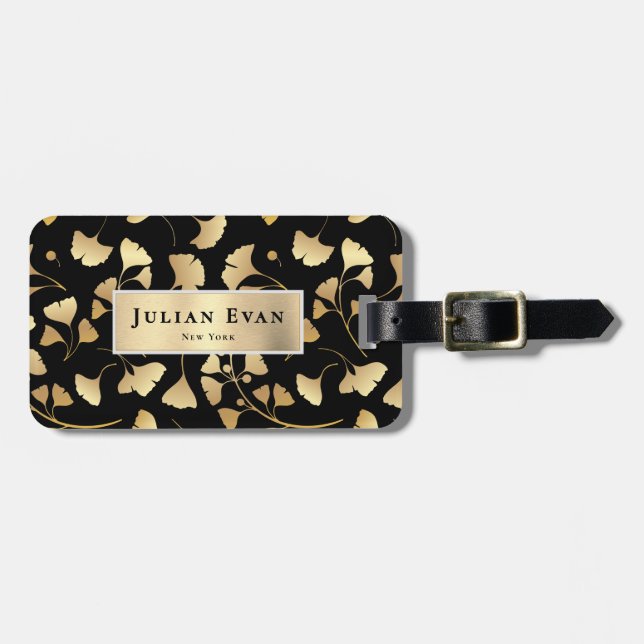 Elegant Glitter Ginkgo Gold Leaf Foliage Luggage Tag (Front Horizontal)
