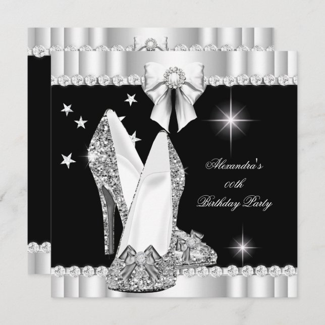 Elegant Glitter Glamour Hi Heels Silver Black 2 Invitation (Front/Back)