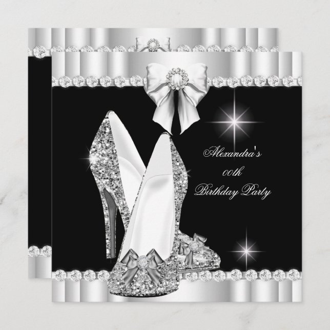 Elegant Glitter Glamour Hi Heels Silver Black Invitation (Front/Back)