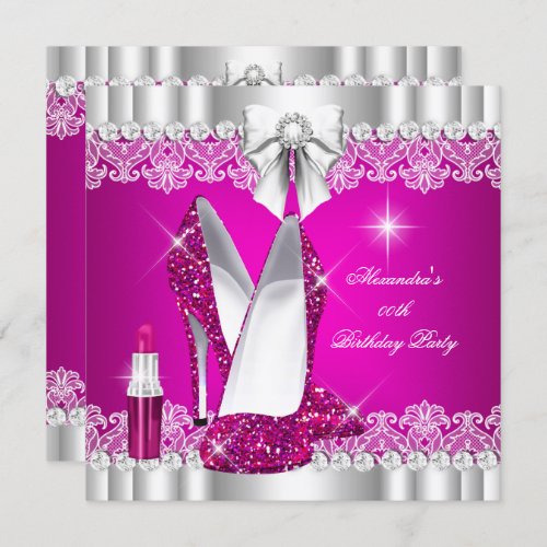 Elegant Glitter Glamour Hot Pink Hi Heels Lipstick Invitation