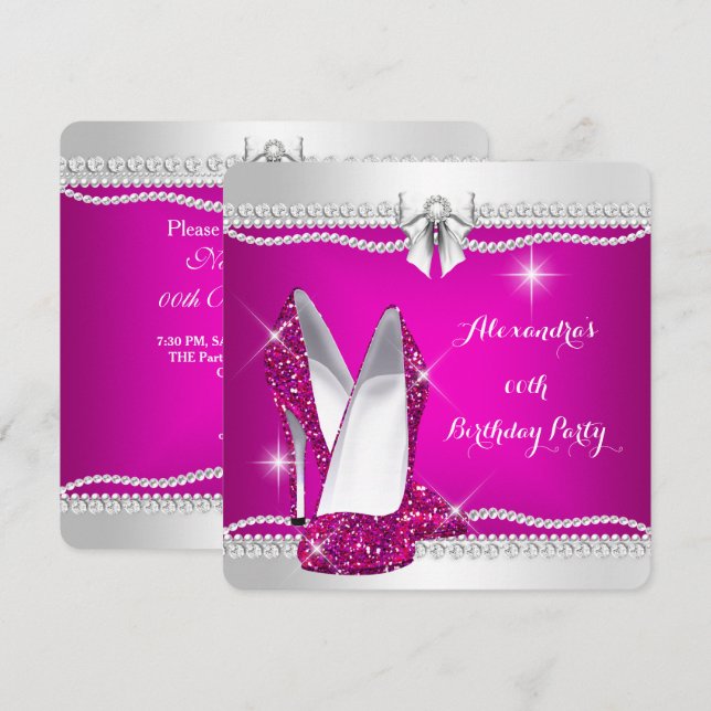Elegant Glitter Glamour Pink High Heels Birthday Invitation (Front/Back)