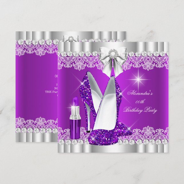 Elegant Glitter Glamour Purple Hi Heels Lipstick Invitation (Front/Back)
