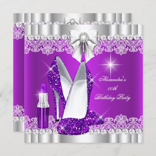 Elegant Glitter Glamour Purple Hi Heels Lipstick Invitation