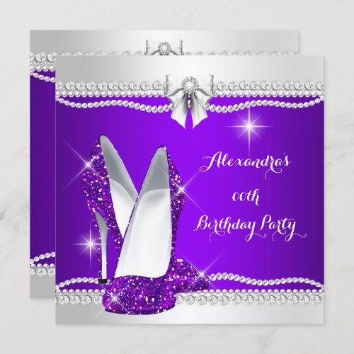 Elegant Glitter Glamour Purple High Heels Birthday Invitation