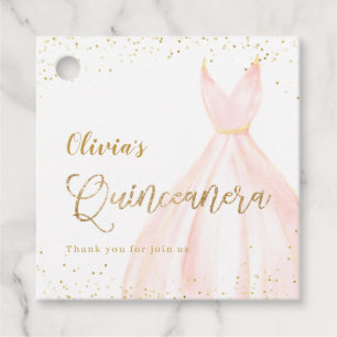 Elegant glitter gold and blush dress quinceañera favor tags