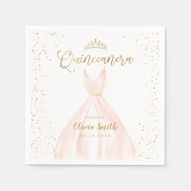 Elegant glitter gold and blush dress quinceañera napkins (Front)