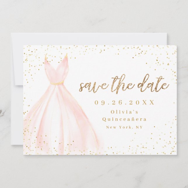 Elegant glitter gold and blush dress save the date (Front)