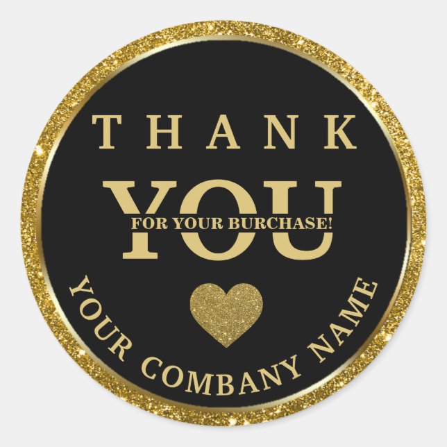 Elegant glitter gold black Thank you sticker (Front)
