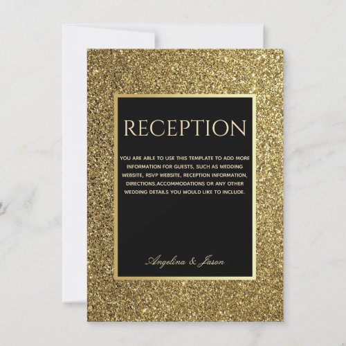 Elegant Glitter Gold Black Wedding Reception Card