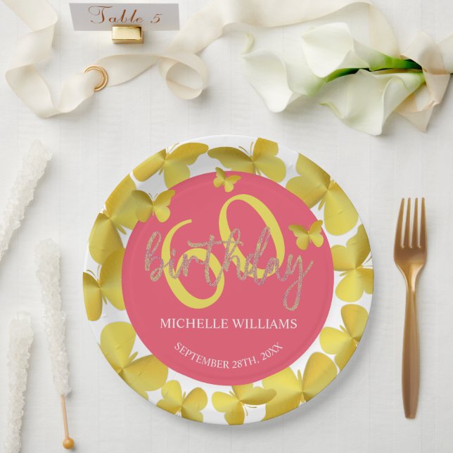 Elegant Glitter Gold Butterfly Calligraphy  Paper Plates (Wedding)