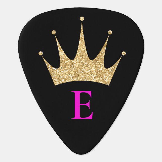 Elegant Glitter Gold Crown Monogrammed Guitar Pick (Front)