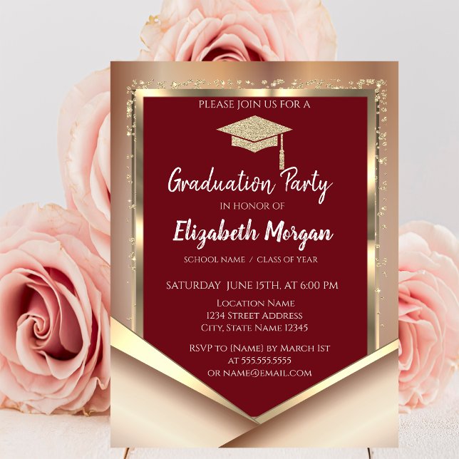 Elegant Glitter Gold Diamonds Maroon Graduation  Invitation (Creator Uploaded)