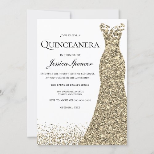 Elegant Glitter Gold Dress Quinceanera Invite
