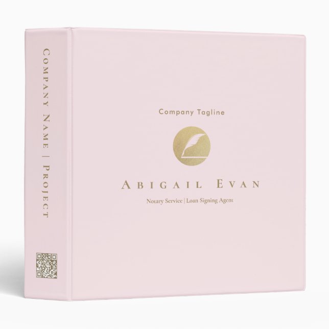 Elegant Glitter Gold Feather Blush Pink Notary 3 Ring Binder (Front/Spine)