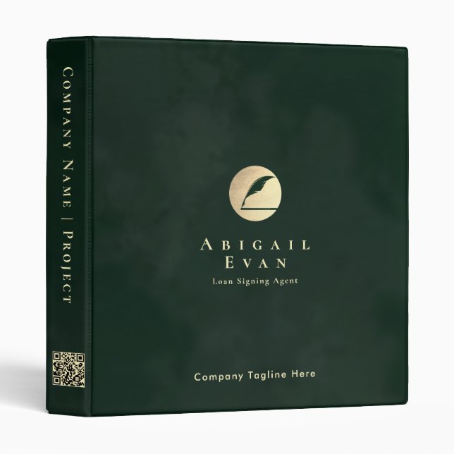 Elegant Glitter Gold Feather Emerald Green Notary 3 Ring Binder (Front/Spine)