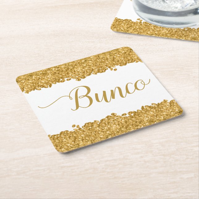 Elegant Glitter Gold Girly Bunco Party Napkins Square Paper Coaster (Angled)