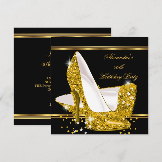 Elegant Glitter Gold Glamour High Heel Black Invitation (Front/Back)