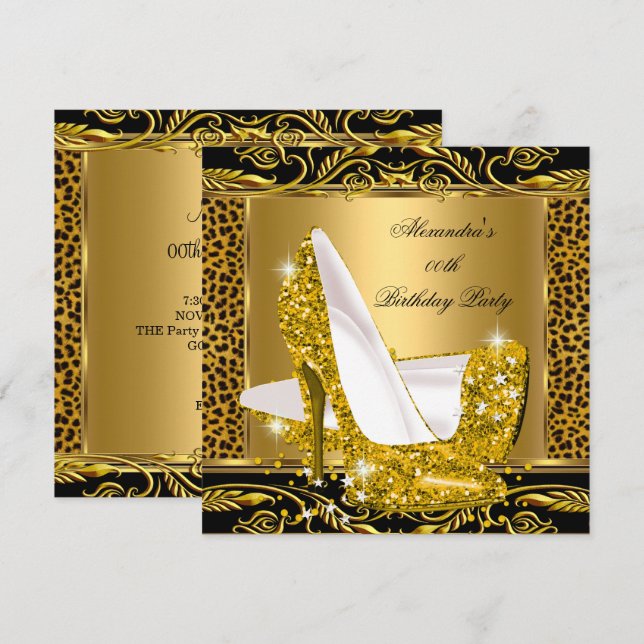 Elegant Glitter Gold Glamour High Heel Leopard 2 Invitation (Front/Back)