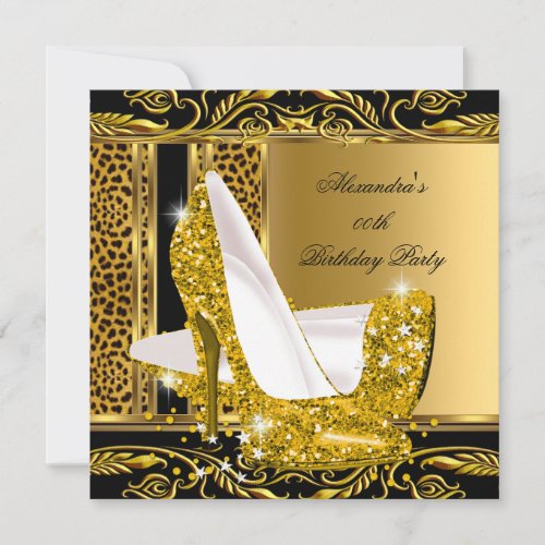 Elegant Glitter Gold Glamour High Heel Leopard Invitation