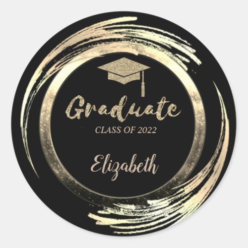 Elegant Glitter Gold Grad CapBlack Classic Round Sticker