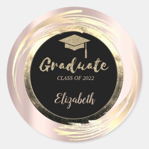 Elegant Glitter Gold Grad CapBlackRose Gold Classic Round Sticker
