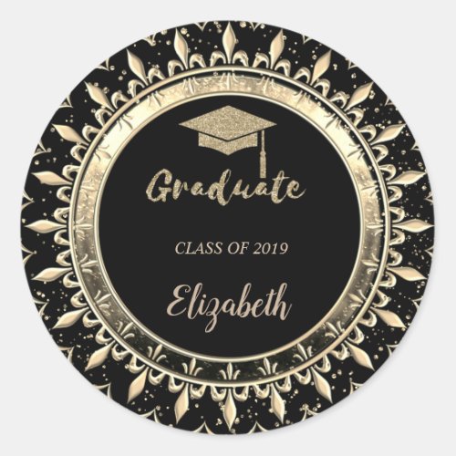 Elegant Glitter Gold Grad CapConfetti Classic Round Sticker