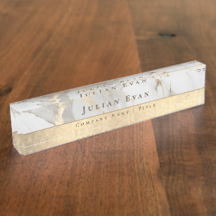 Elegant Glitter Gold Luxe White Agate Marble Desk Name Plate