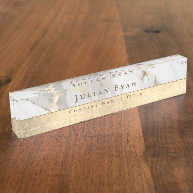 Elegant Glitter Gold Luxe White Agate Marble Desk Name Plate (Side)