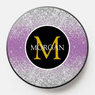 Elegant Glitter, Gold Monogram & Name on Lavender PopSocket