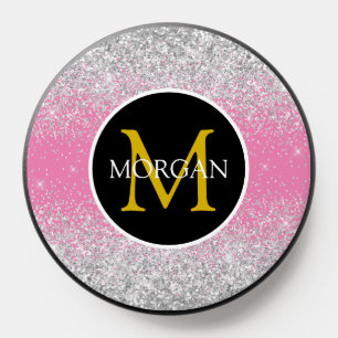 Elegant Glitter, Gold Monogram & Name on Pink PopSocket