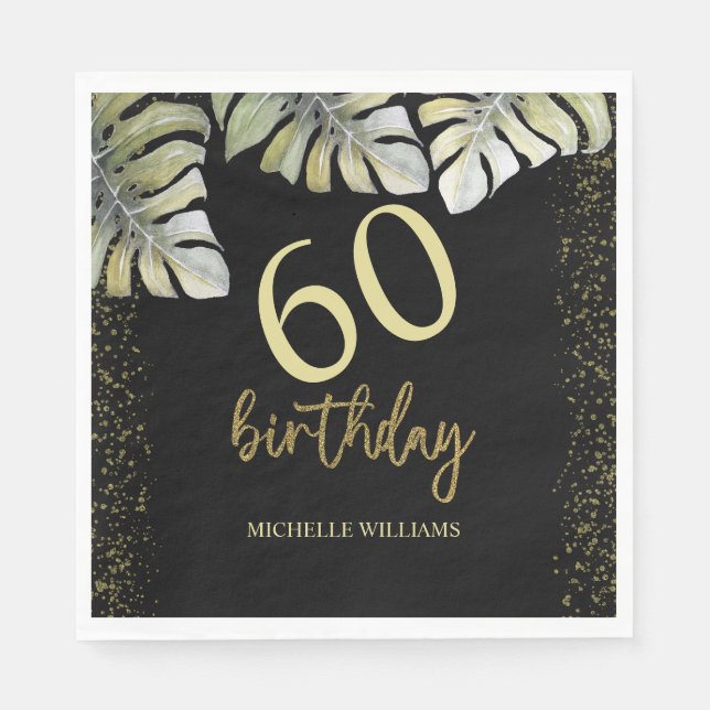 Elegant Glitter Gold Palm Calligraphy Birthday Napkins (Front)