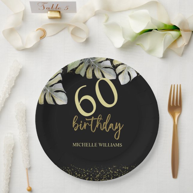 Elegant Glitter Gold Palm Calligraphy Birthday Paper Plates (Wedding)