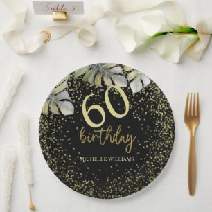 Elegant Glitter Gold Palm Calligraphy Birthday Paper Plates