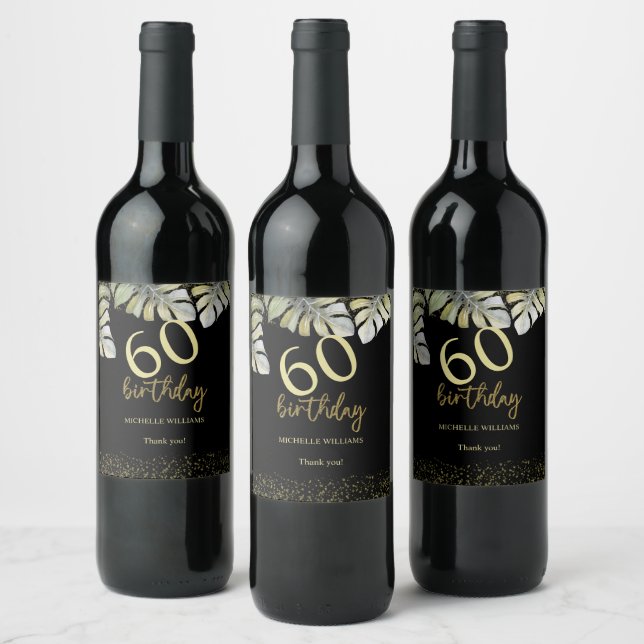 Elegant Glitter Gold Palm Calligraphy Birthday Wine Label (Bottles)