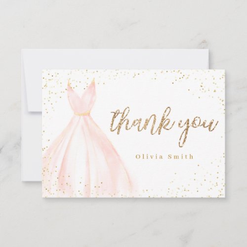 Elegant glitter gold pink dress quinceaera thank you card