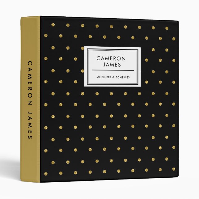 Elegant Glitter Gold Polka Dots Black Pattern 3 Ring Binder (Front/Spine)