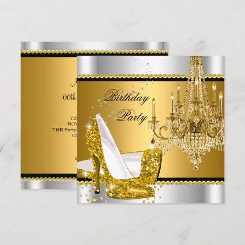 Elegant Glitter Gold Silver Glamour Chandelier 5.25x5.25 Square Paper Invitation Card