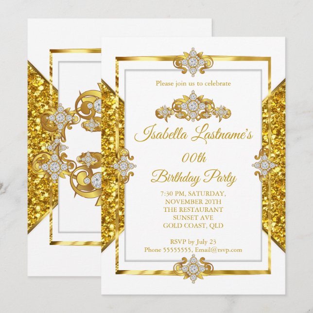 Elegant Glitter Gold White Diamond Birthday Party Invitation (Front/Back)