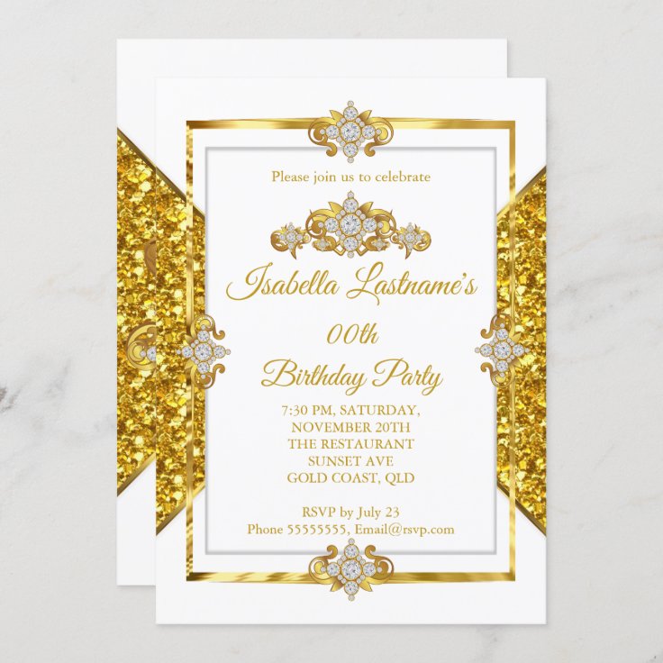 Elegant Glitter Gold White Diamond Birthday Party Invitation | Zazzle